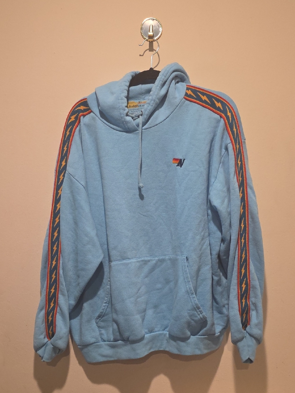 Aviator Nation Light Blue Hoodie with Orange & Navy Stripe